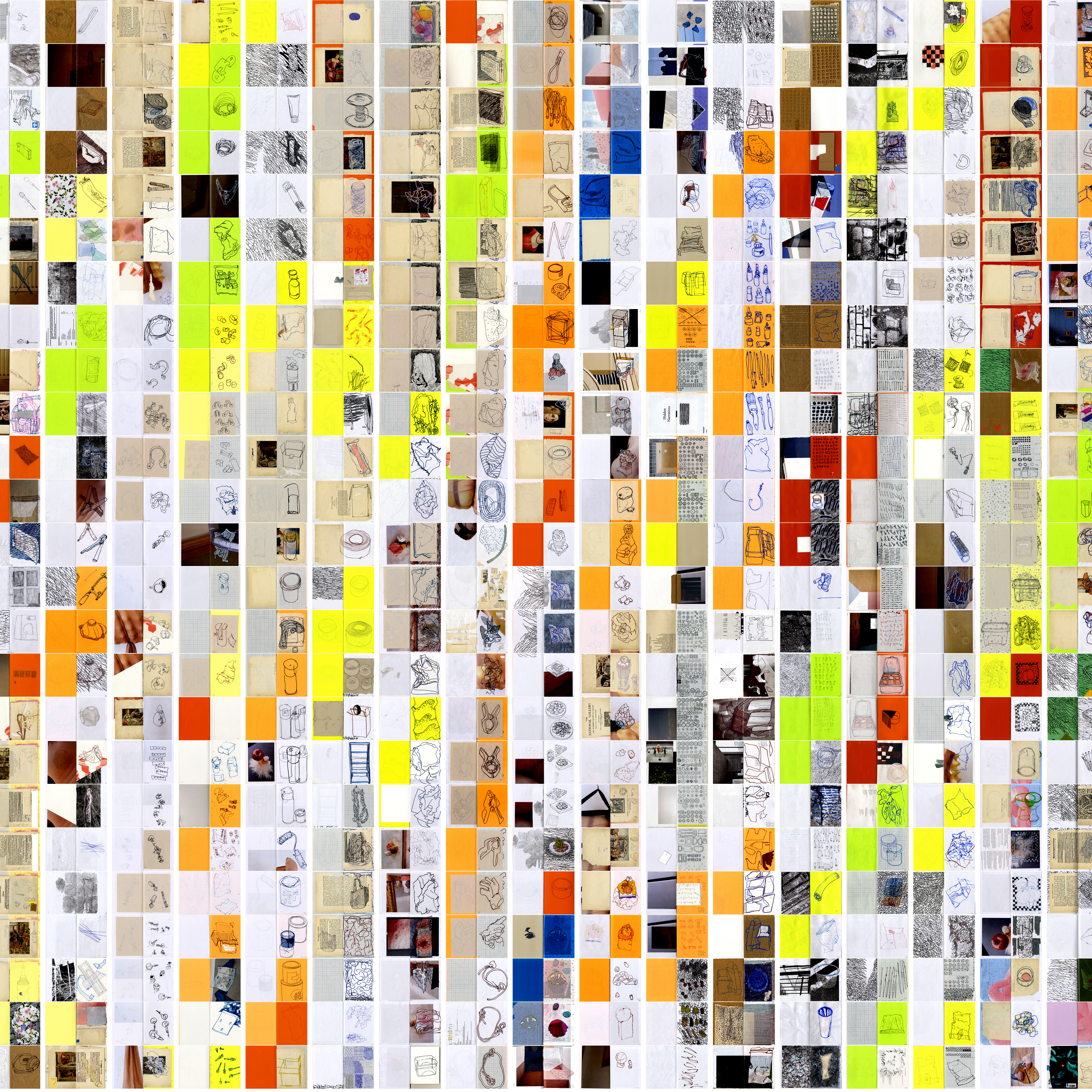 A grid of tiny, rectangular tiles which are brightly coloured, white, and monochromatic, showing the drawings in the handmade dataset at one-fortieth of their actual size. 
